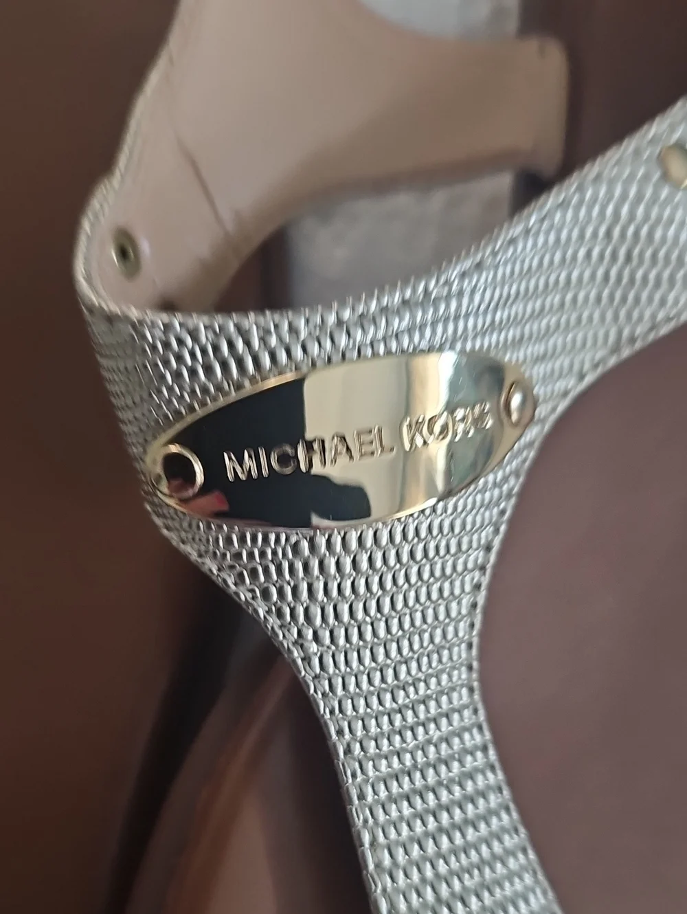 Michael Kors Gold and Brown Leather T-Strap Sandals - Picture 3 of 4